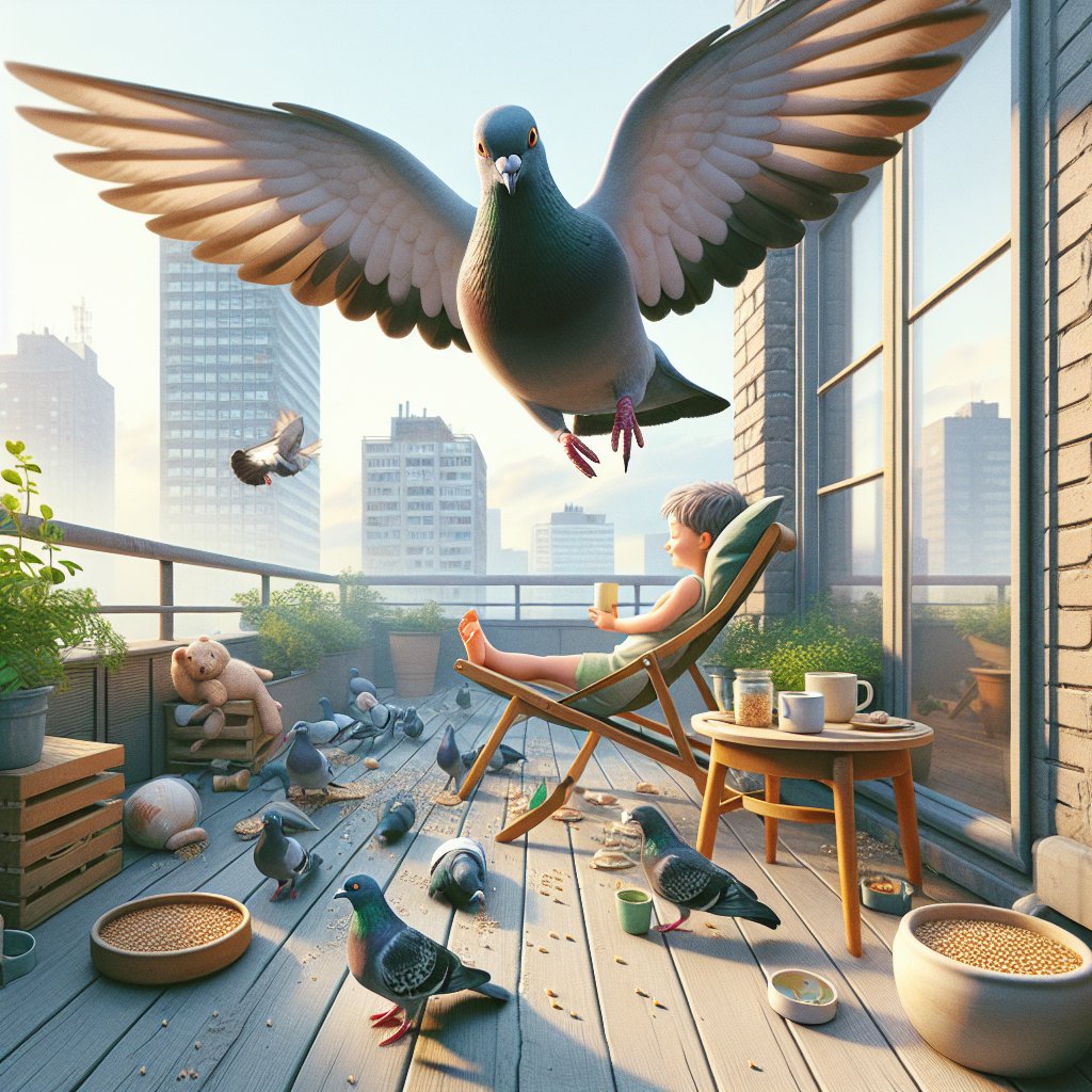 I was on the terrace and PIGEON came out of our apartment and walked towards me, found some seed on the ground and took it, then went to the chair where I was sitting drinking coffee, and there was my child. Get on top of it and snuggle up